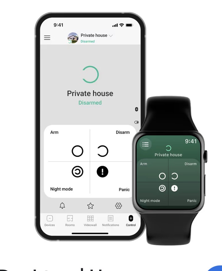 Ajax app control screen on phone and Apple Watch — arm, disarm, night mode, panic