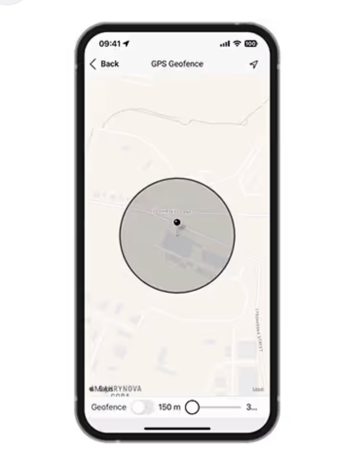 Ajax app GPS geofence screen with adjustable radius around the property